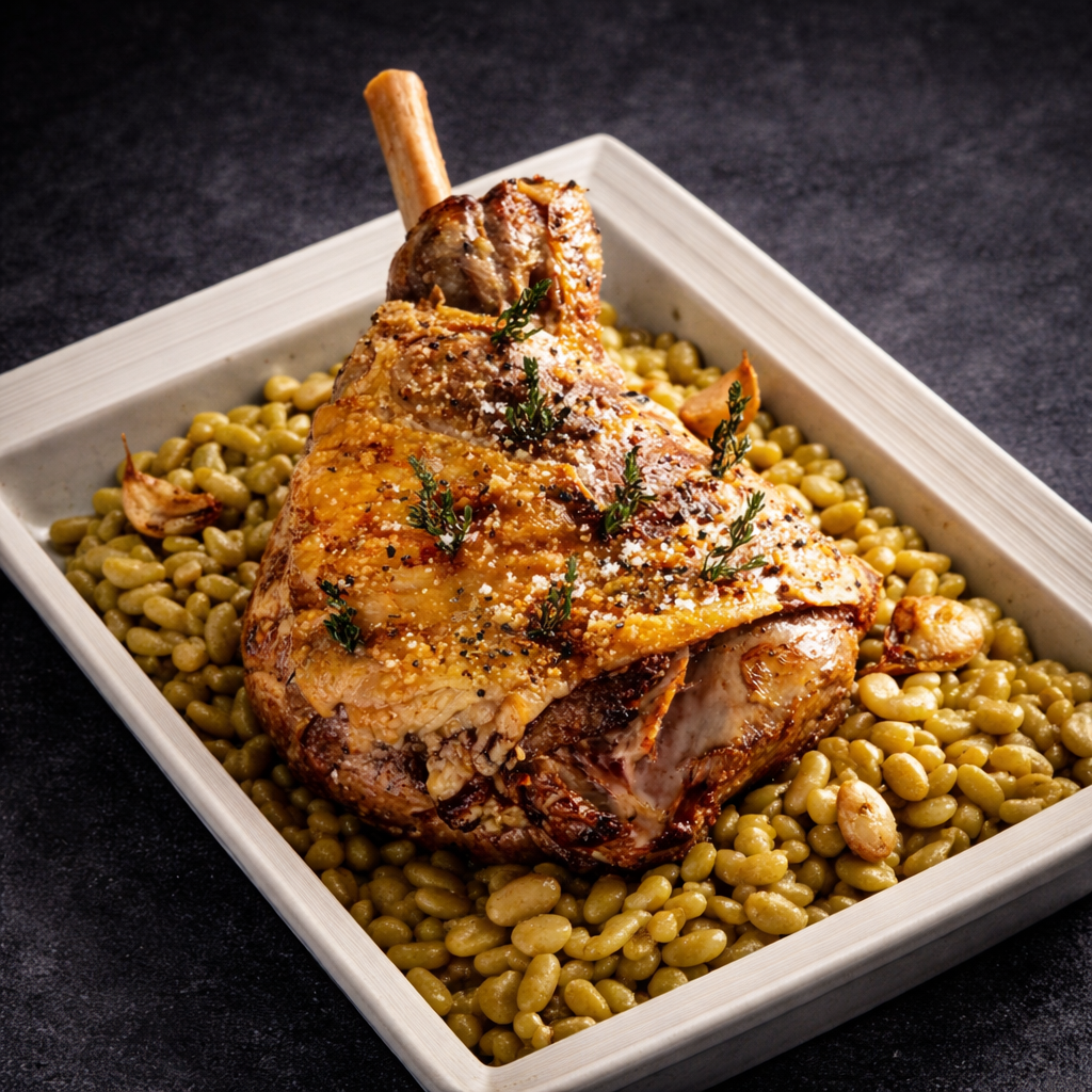 Gigot d'agneau confit 7 heures, cuisson lente au vin jaune, purée de flageolet, carottes fanes, asperges vertes