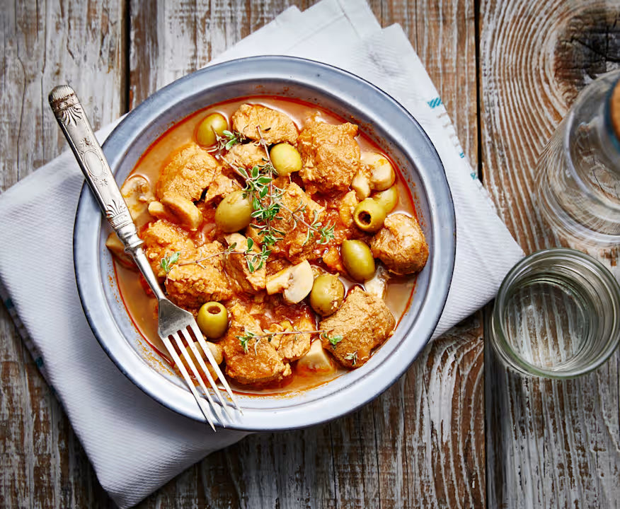 Plat du lundi 31/08 - Sauté de veau aux olives, pleurotes, purée de lentilles au curry