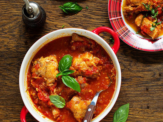 Plat du lundi 28/09 - Cuisse de Lapin à la tomate et poivrons, Pâtes