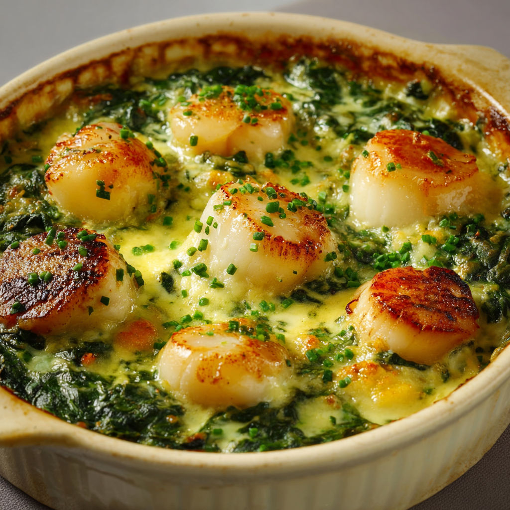 Plat du vendredi 12/06 - Noix de st jacques poêlées, sauce vin blanc, épinards à la crème