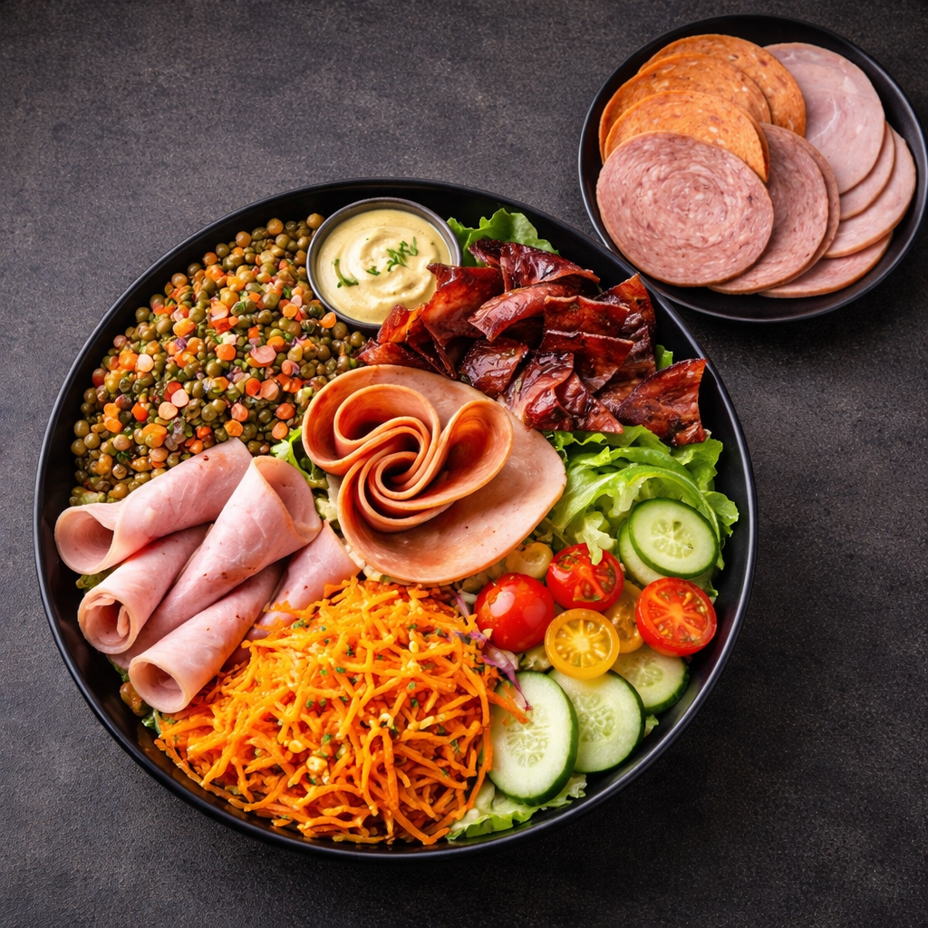 Plat du jour froid : Viandes froides (bœuf & dinde), lentilles cuisinées & carottes râpées