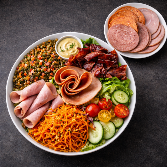 Plat du jour froid : Viandes froides (bœuf & dinde), lentilles cuisinées & carottes râpées