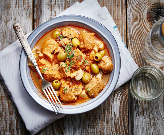 Plat du lundi 31/08 - Sauté de veau aux olives, pleurotes, purée de lentilles au curry