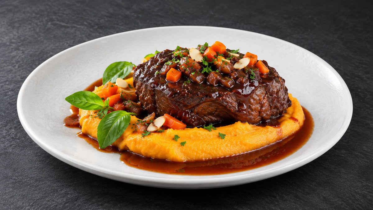 Plat du Lundi 2/11 - Paleron de bœuf, sauce au vin, purée de patate douce
